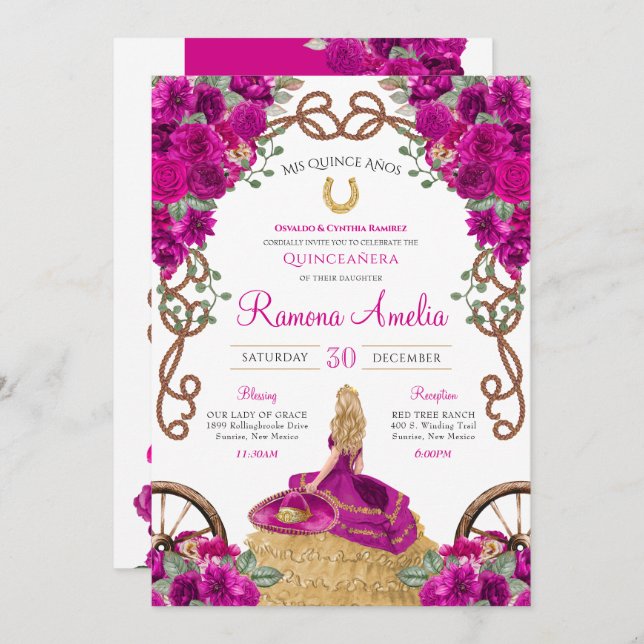 Invitación Magenta Western Charro Floral Caliente Rosa Quince (Anverso / Reverso)