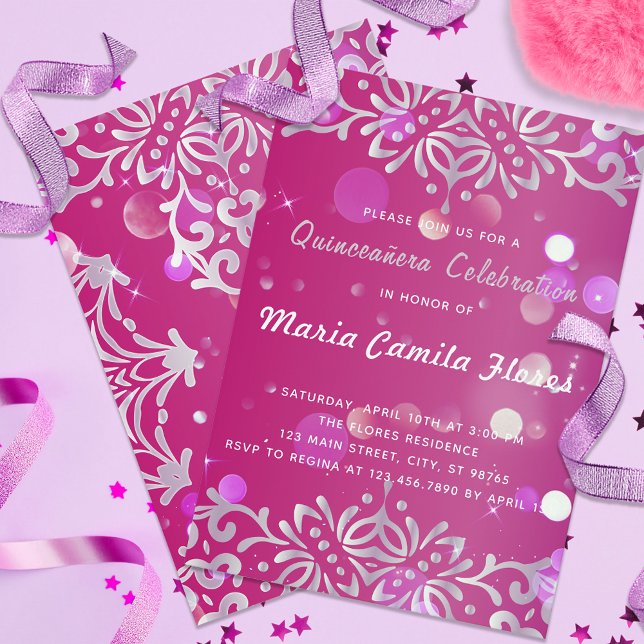 Invitación Magenta Y Plata Elegante Shimmery Quinceañera (Subido por el creador)