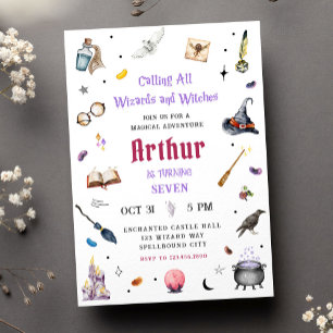 Invitación Magia Acuarela Cumpleaños de Magos y Brujas