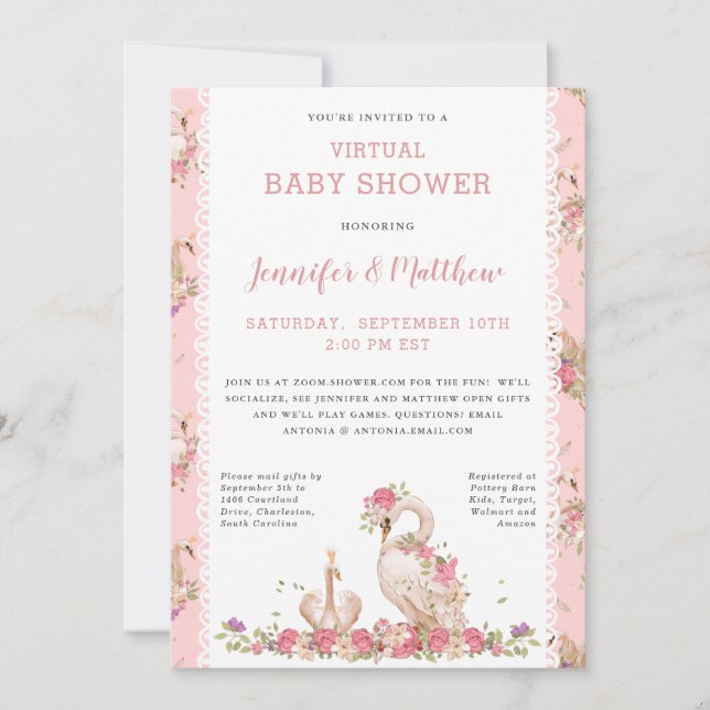 Invitación Magia Baby Swan Princess Pink Floral Baby Shower (Anverso)