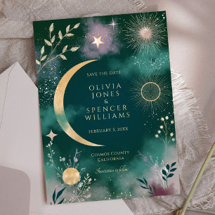 Invitación Magia Celestial Luna y Estrellas Esmeraldas Salven