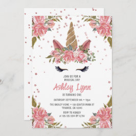 Invitación Magia floral moderna unicornio 1 cumpleaños