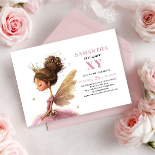 Invitación Magia Hada Chica 3er Cumpleaños Rubor Rosa Dorado