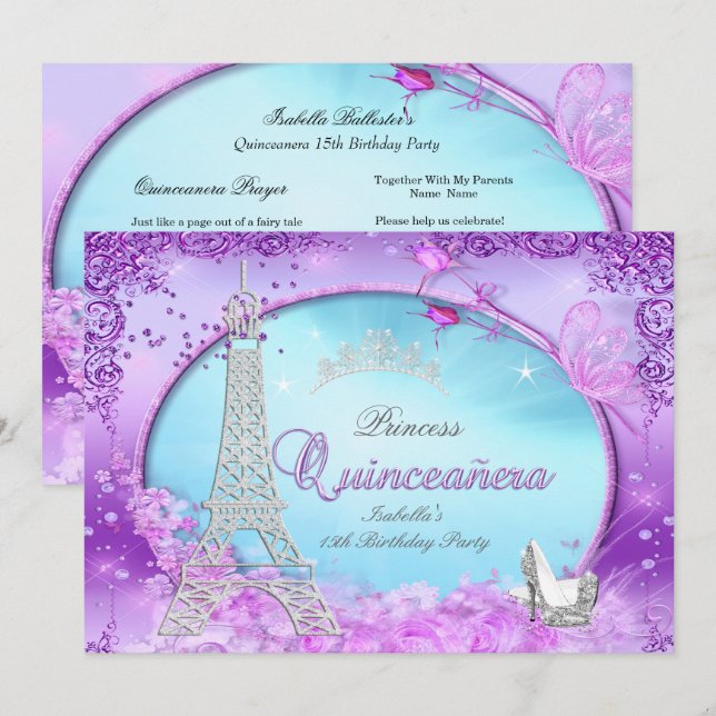Invitación Magia Princesa Quinceanera Azul Verde azulado Púrp (Anverso / Reverso)