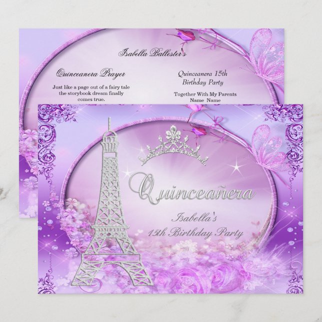 Invitación Magia Princesa Quinceanera Púrpura Tiara (Anverso / Reverso)