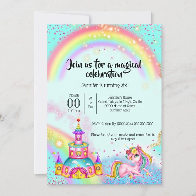 Invitación Magia unicornio arcoiris purpurina fantasía castil (Anverso)