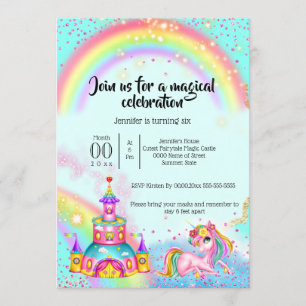 Invitación Magia unicornio arcoiris purpurina fantasía castil