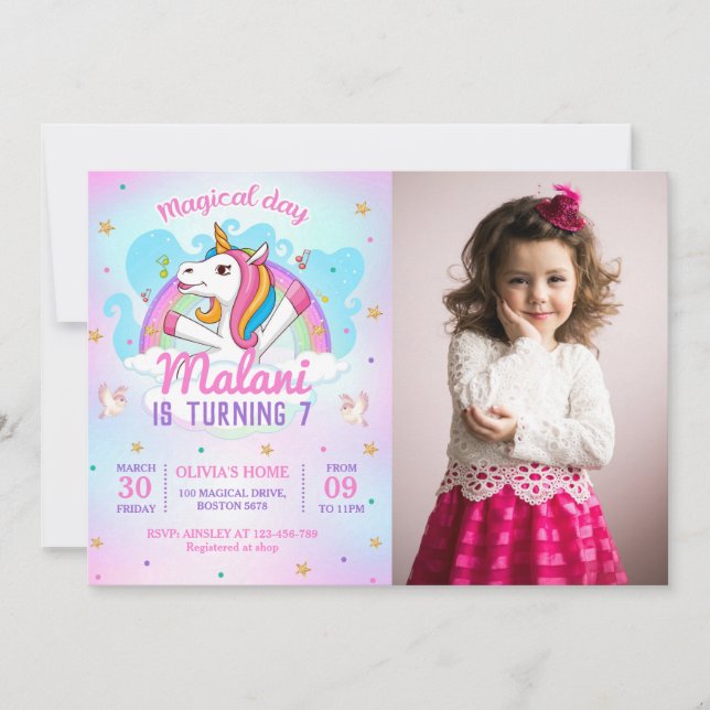 Invitación Magia Unicornios Fiesta del Cumpleaños Púrpura (Anverso)