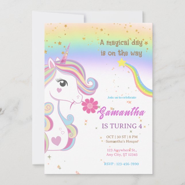 Invitación Magia Unicornios Fiesta del Cumpleaños Púrpura (Anverso)