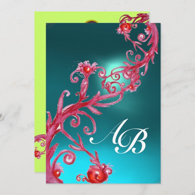 Invitación MAGIC BERRIES 3,MONOGRAM AQUAMARINE azul rojo (Anverso / Reverso)
