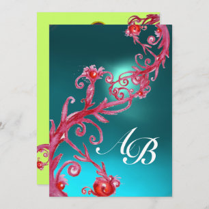 Invitación MAGIC BERRIES 3,MONOGRAM AQUAMARINE azul rojo