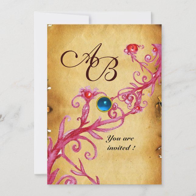 Invitación MAGIC BERRIES MONOGRAM Parchment Blue Sapphire (Anverso)