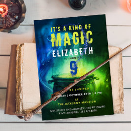 Invitación Magic Cauldron Green Witch Wizard Spell Bday