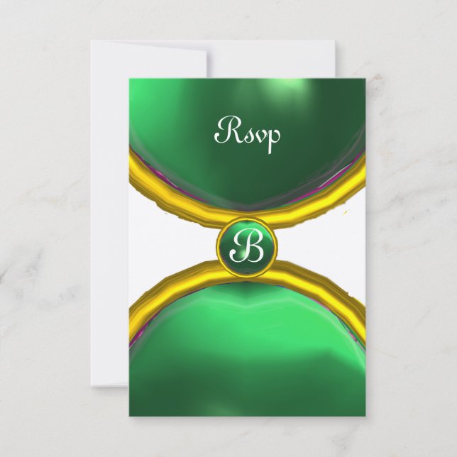 Invitación MAGIC RINGS ,MONOGRAM rsvp gem champagne verde (Anverso)