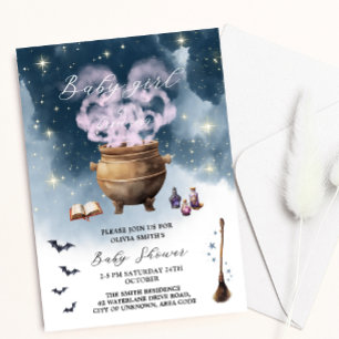 Invitación Magic Witch Cauldron Baby Girl Breaking Baby Showe