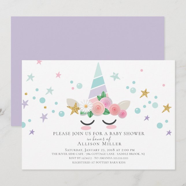 Invitación mágica a Baby Shower unicornio (Anverso / Reverso)