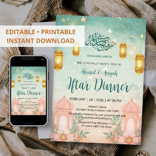 Invitación mágica acuarela Iftar en teal y melocot
