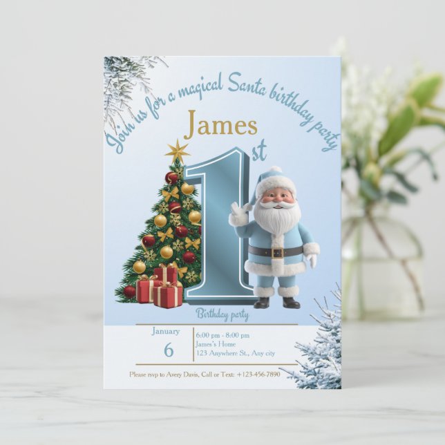 Invitación Mágica de Cumpleaños de Santa – 1er Cum (Anverso de pie)