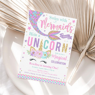 Invitación Mágica de Cumpleaños de Sirena y Unicor
