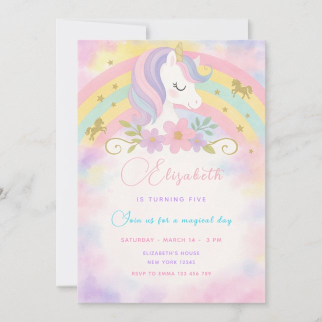Invitación mágica de cumpleaños de unicornio (Anverso)