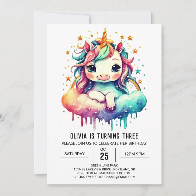 Invitación Mágica de cumpleaños de Unicornio para niños (Anverso)