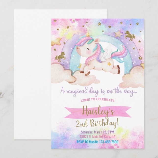 Invitación mágica de cumpleaños del chica de unico (Anverso / Reverso)