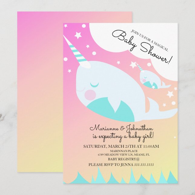 Invitación mágica de ducha de bebé narval y bebé O (Anverso / Reverso)