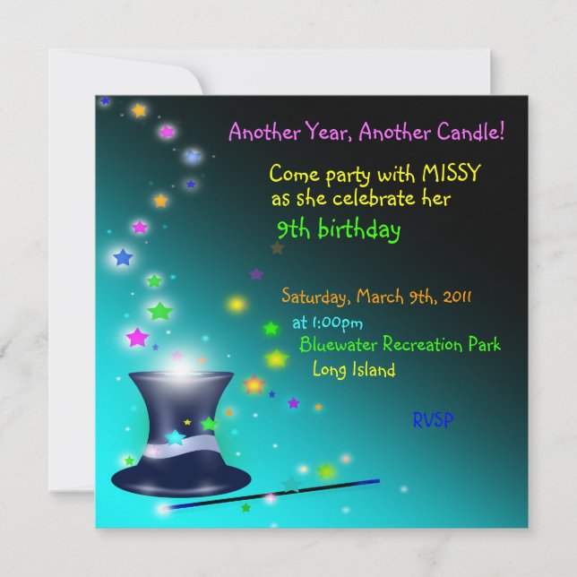 Invitación mágica de la fiesta de cumpleaños del (Anverso)