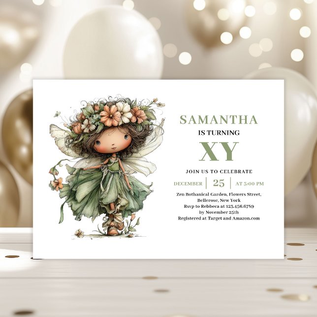 Invitación mágica de niña hada cumpleaños verde po (Magical Fairy Girl Birthday Dusty Green Invitation)