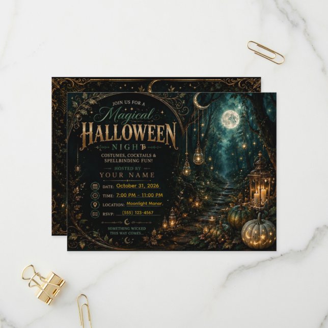 Invitación mágica de Noche de Brujas editable |  (Anverso/Reverso In Situ)