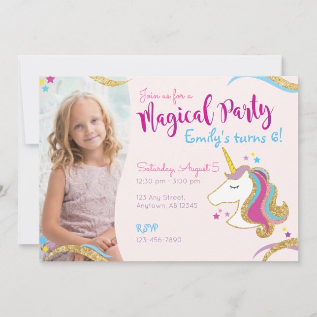 Invitación mágica de Unicorn Purpurina de cumpleañ (Anverso)