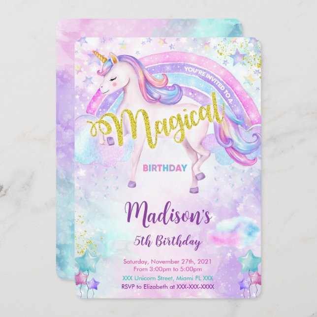 Invitación mágica de unicornio (Anverso / Reverso)