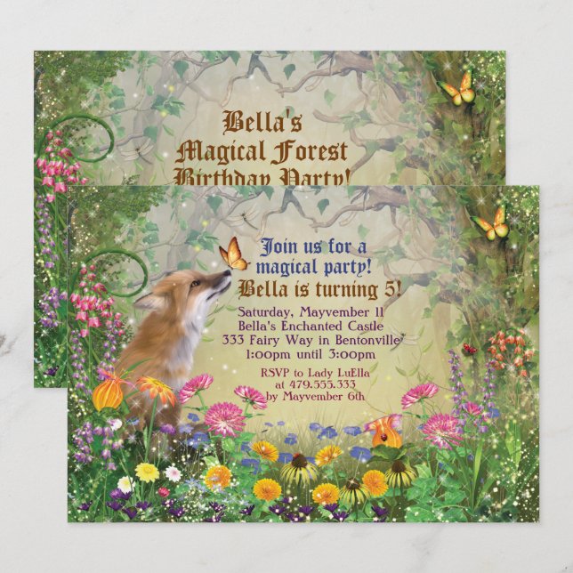 Invitación mágica del fiesta del bosque del Fox (Anverso / Reverso)