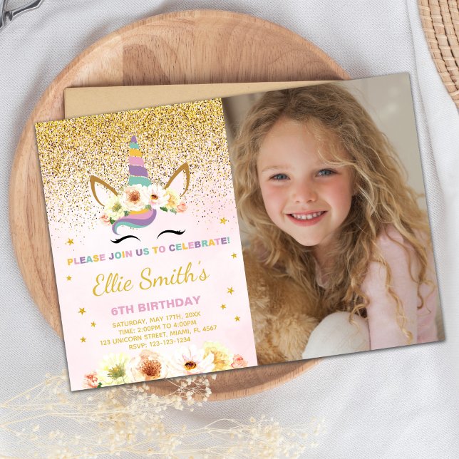 Invitación mágica editable (Glitter Unicorn Birthday Invitation with photo)
