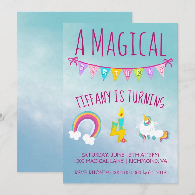 Invitación Magica fiesta de cumpleaños Unicornio de cuatro añ (Anverso / Reverso)