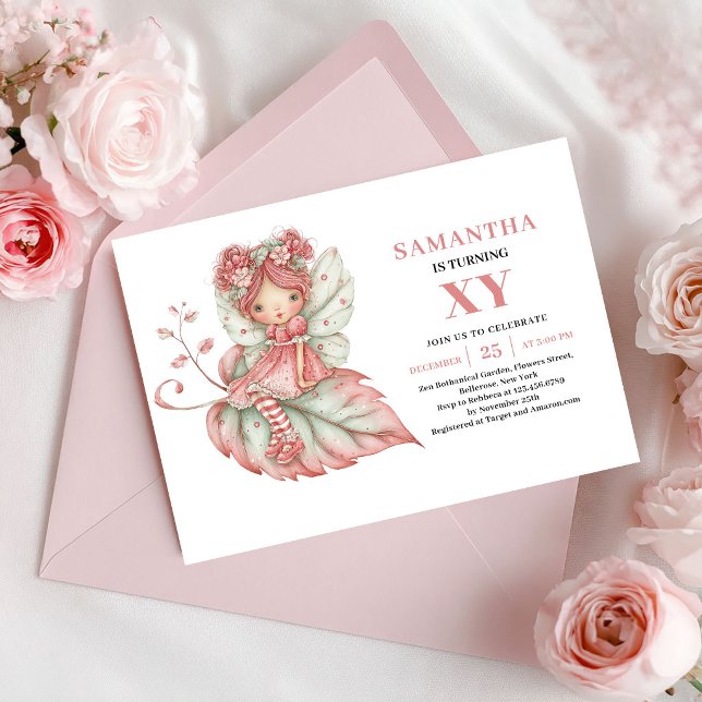 Invitación Mágica Floral Rosa Cumpleaños Niña Hada (Magical Fairy Girl Birthday Floral Pink Invitation)