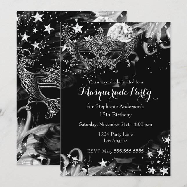 Invitación Mágica Noche de Brillo de Plata Mascara (Anverso / Reverso)