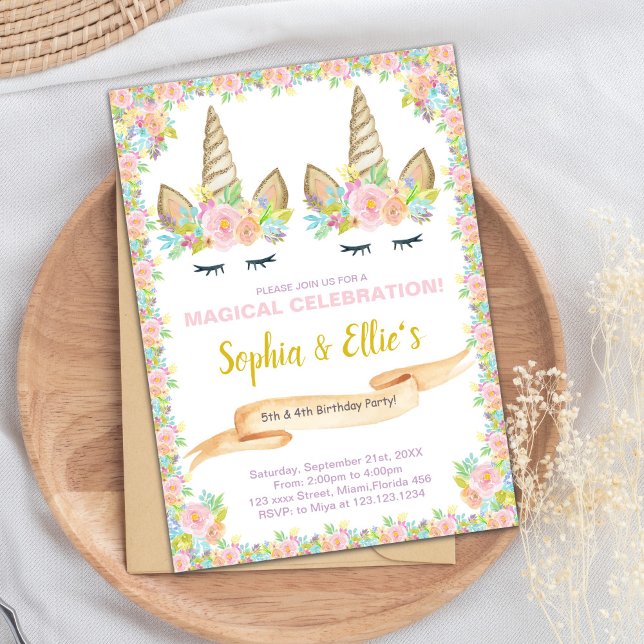 Invitación mágica para Chicas gemelos (Twin Floral Unicorn Birthday Invitations)