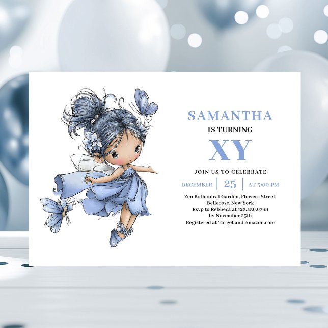 Invitación mágica para el 1er cumpleaños de la lin (Cute Blue Fairy Girl 1st Birthday Magical invitation)