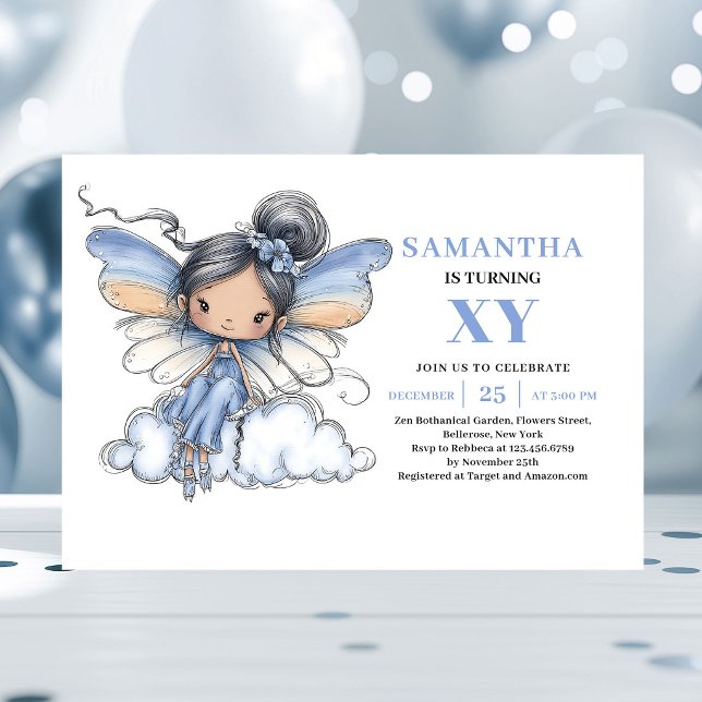 Invitación mágica para el tercer cumpleaños de la  (Angelic Blue Fairy Girl 3rd Birthday Magic invitation)