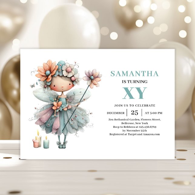 Invitación mágica pastel cumpleaños 9 Cute Fairy G (Cute Fairy Girl 9th Birthday Magical Pastel invitation)