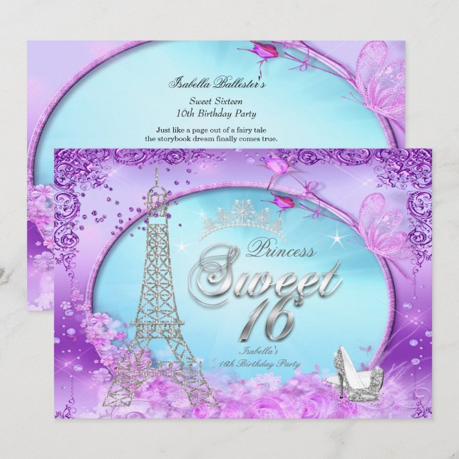 Invitación Mágica Princesa Dulces 16 Morado Turquesa Azul (Anverso / Reverso)