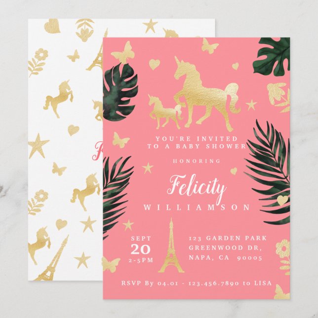 Invitación mágica tropical de unicornio a Baby Sho (Anverso / Reverso)