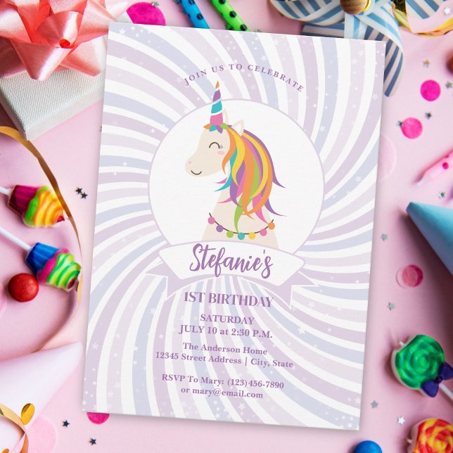 Invitación Magical arcoiris Unicornio Niña Primer cumpleaños (Subido por el creador)