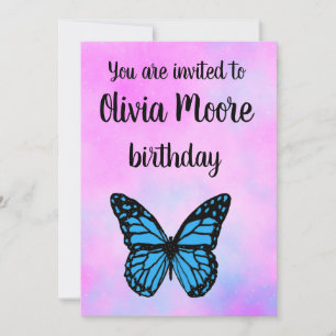 Invitación Magical blue butterfly pink glitter art