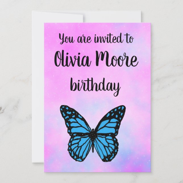 Invitación Magical blue butterfly pink glitter art  (Anverso)