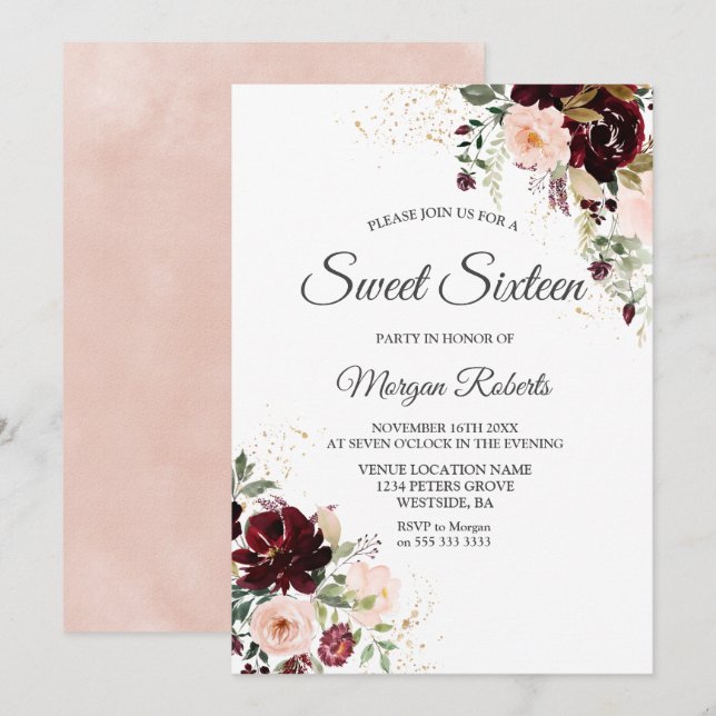 Invitación Magical Borgoña Rubor Red Wine Floral Sweet 16 (Anverso / Reverso)