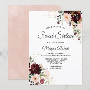 Invitación Magical Borgoña Rubor Red Wine Floral Sweet 16