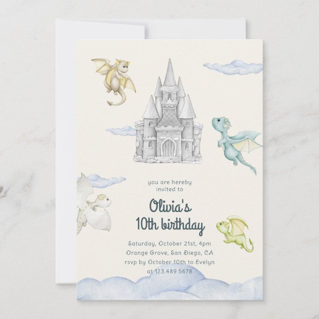 Invitación Magical Castle Cute Dragons Niños Cumpleaños (Anverso)