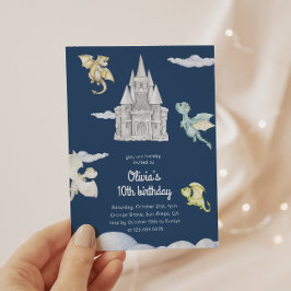 Invitación Magical Castle Cute Dragons Niños cumpleaños Azul